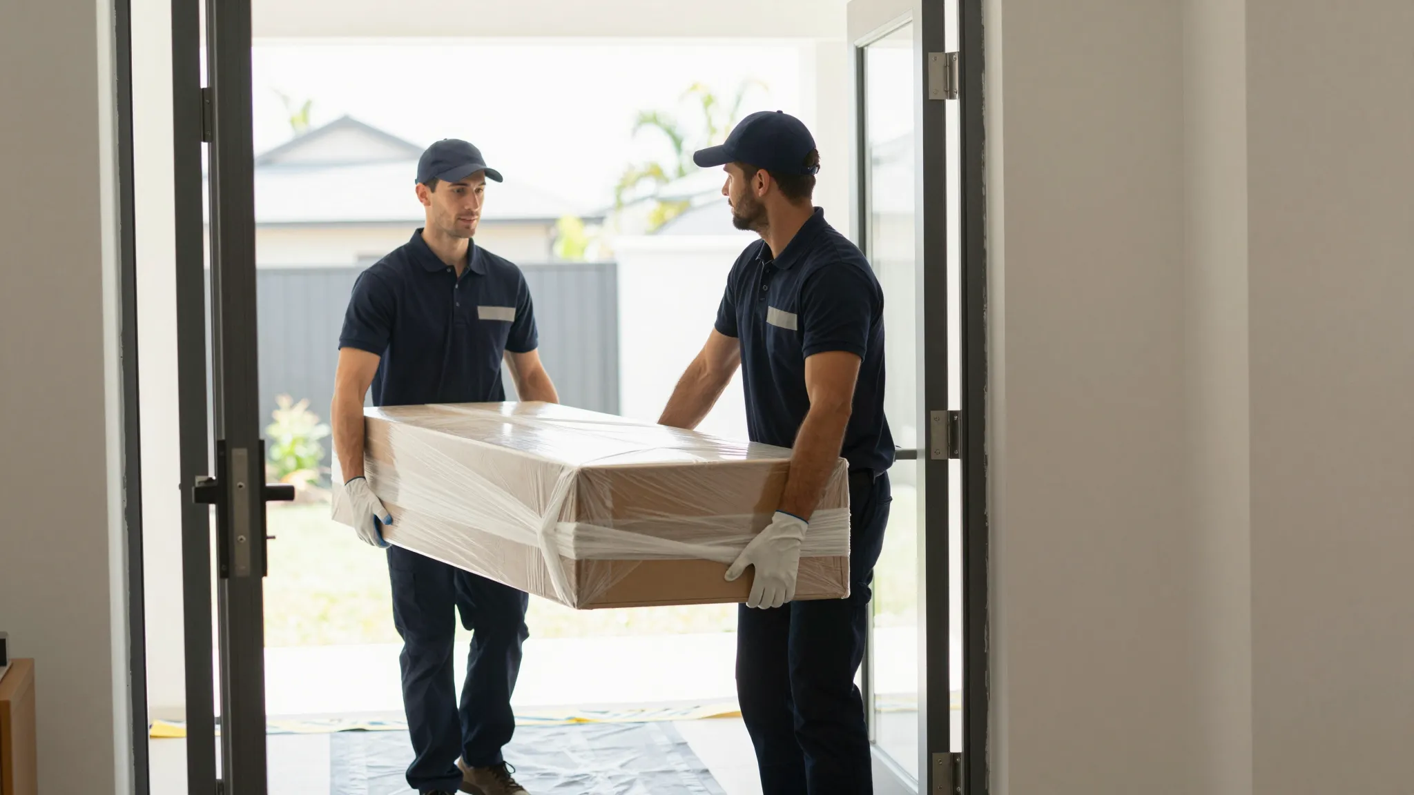 Two delivery specialists carrying a wrapped item through the front door of a home